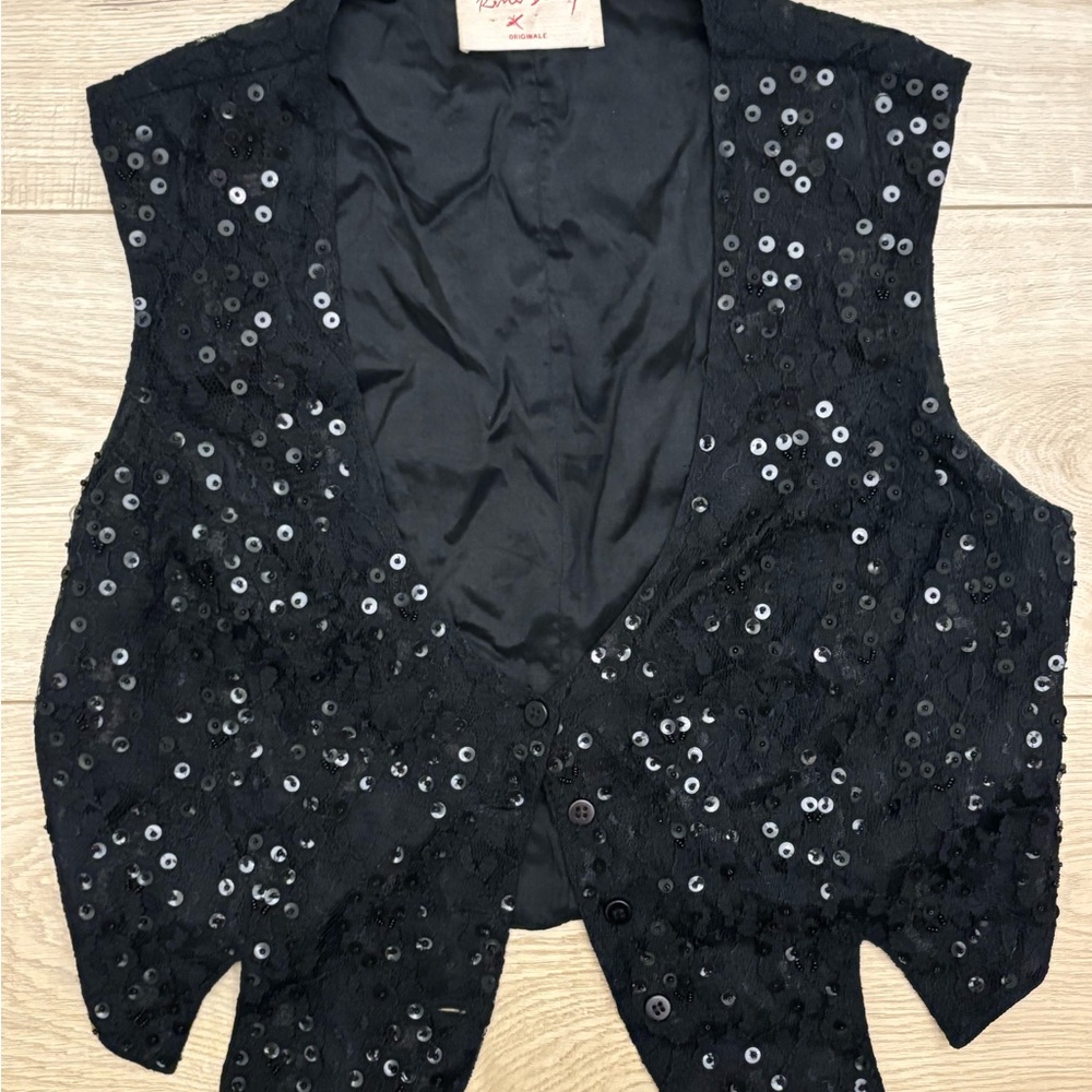 Vintage Black Sequin and Lace Vest Festival Shirt Western Boho Fairy